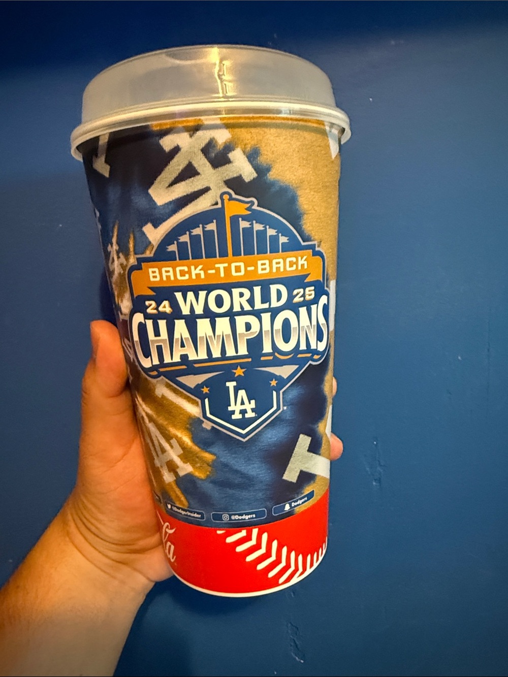 Coca Cola Dodgers Back-to-Back World Champions Cup — Blue, Gold, Red